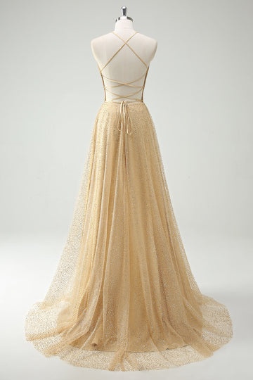 Una linea di oro paillettes spaghetti straps Abito da cerimonia con fessura
